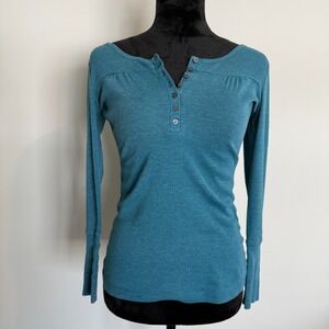 Energie Y2K Long Sleeve Henley Top Size L Blue Indie Casual Fitted